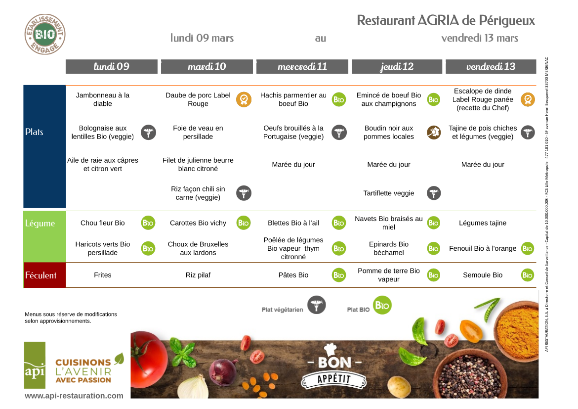 menus de la semaine du 09 au 13 mars 2026